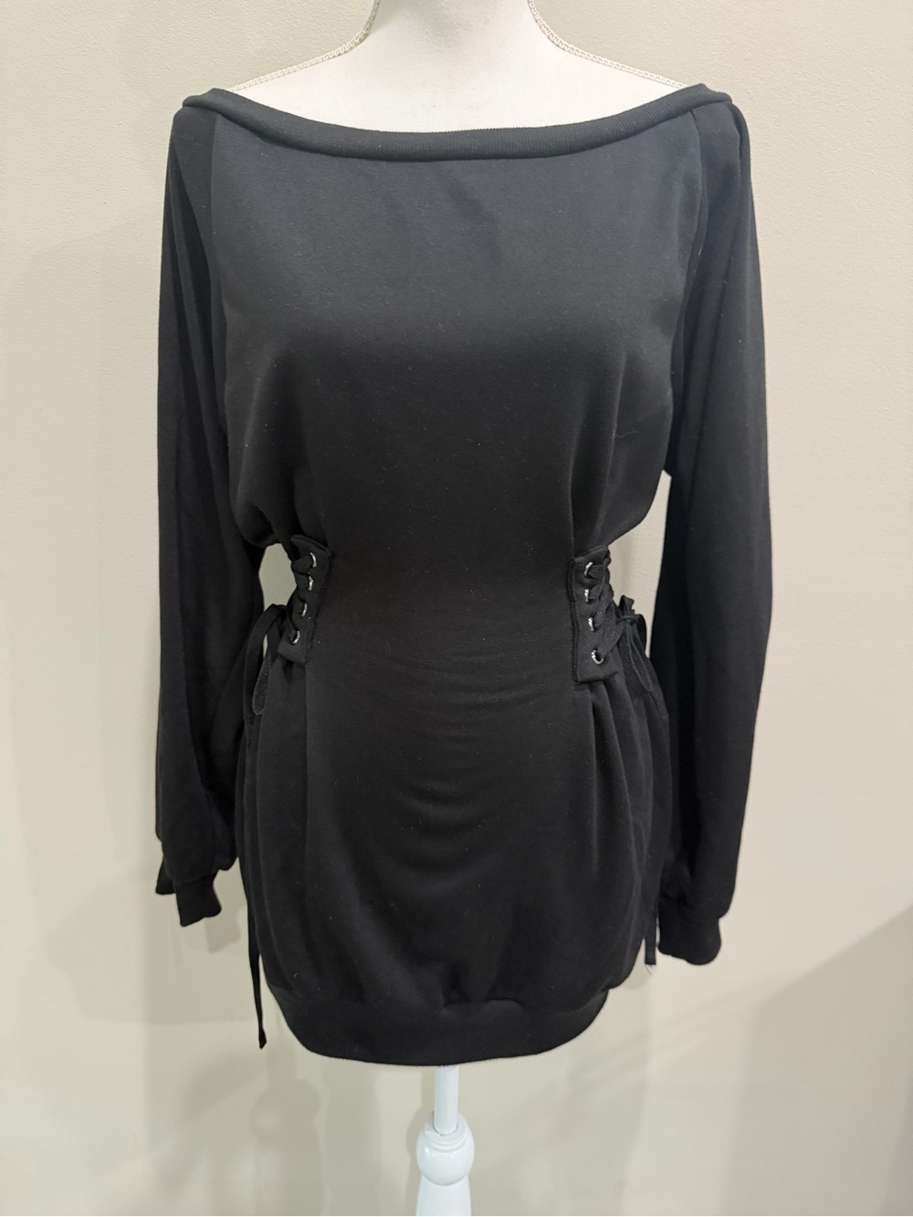 Fashion Nova Sweatshirt Dress Women Sz M Black Long Sleeve Boat Neck Side Ties